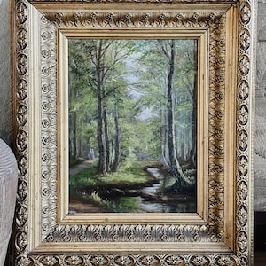 Original Antique Danish Oil Painting, Forest Landscape by R.Rasmussen