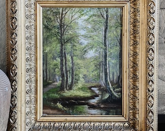 Original Antique Danish Oil Painting, Forest Landscape by R.Rasmussen