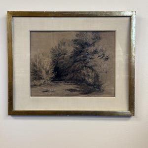 Antique Framed Sketch, Lush Landscape