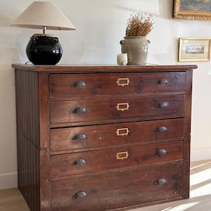 Puede incluir: Cómoda de madera marrón oscuro con cinco cajones, tiradores metálicos y portaetiquetas. Encima, una lámpara negra con pantalla beige y una maceta de cerámica con flores secas. Estilo vintage.