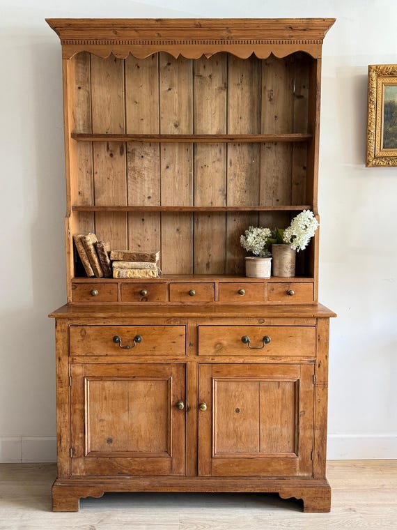 Antique English Pine Stepback Hutch