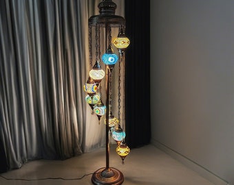 Antique Brass Standing Floor Lamp, Turkish Glass Globe Corner Lighting, Colorful Glass Corner Floor Lamp, Colorful Moroccan Lighting Decor