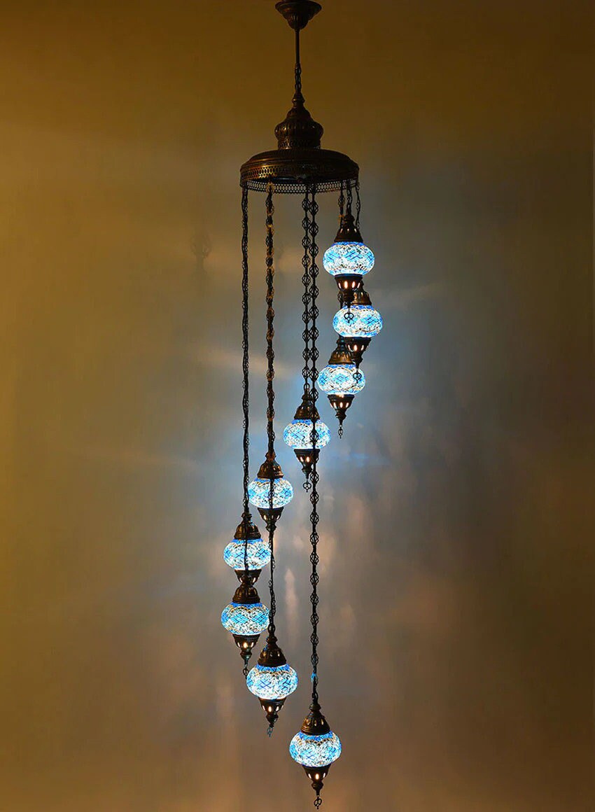 Stairway Chandelier Light, With 9 Handmade Mosaic Glass Globe, Entryway