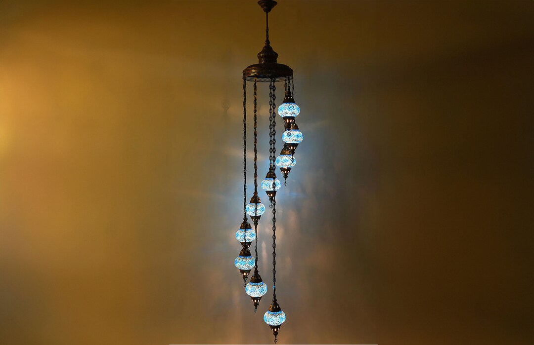 Stairway Chandelier Light, With 9 Handmade Mosaic Glass Globe, Entryway