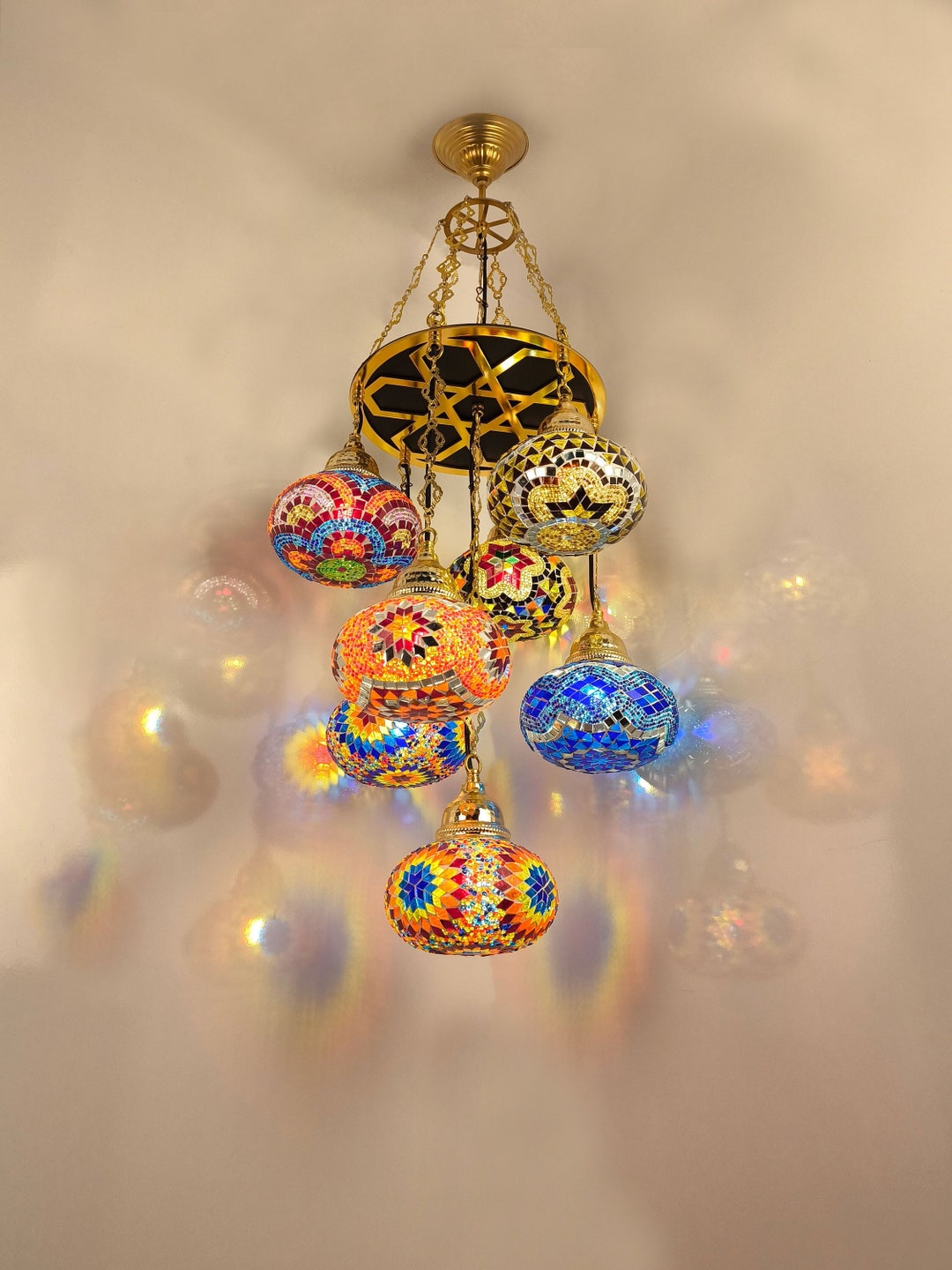 Unique Chandelier Light, 7 Handmade Mosaic Glass Globe, Gold&silver ...