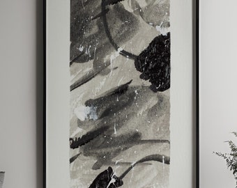 May include: Black and white abstract painting with a textured background. The painting is framed in a black frame and hangs on a white wall.