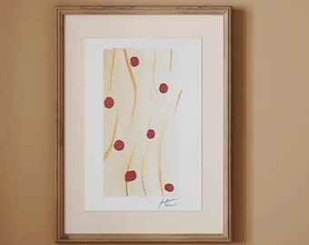 May include: A light brown couch with a wooden frame and beige cushions. The couch has a wooden coffee table in front of it. A framed abstract painting with red and orange colors hangs on the wall behind the couch.