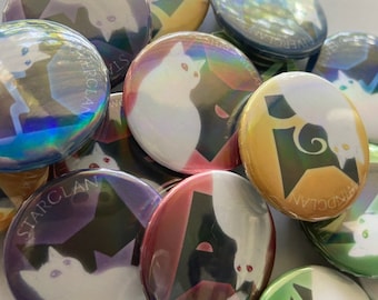 Warriors Clan Button Set - Cat Pins Featuring Starclan, Thunderclan, Shadowclan, Windclan, and Riverclan - Rainbow Holo Lamination Buttons