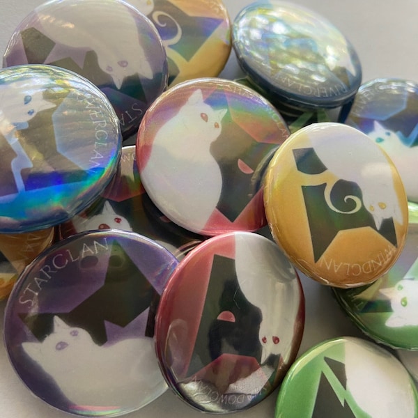 Warriors Clan Button Set - Cat Pins Featuring Starclan, Thunderclan, Shadowclan, Windclan, and Riverclan - Rainbow Holo Lamination Buttons