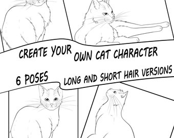 Create Your Own Warriors Cat Character/OC - 6 Poses, Digital Download and Printable Coloring Sheets, Long and Short Hair Designs