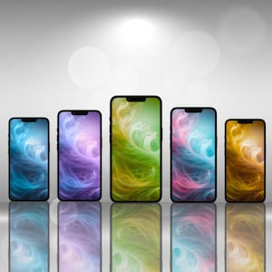 Puede incluir: Cinco teléfonos inteligentes alineados en una fila, cada uno mostrando un diseño abstracto diferente con colores que se arremolinan. Los diseños son azul, morado, verde, rosa y naranja.