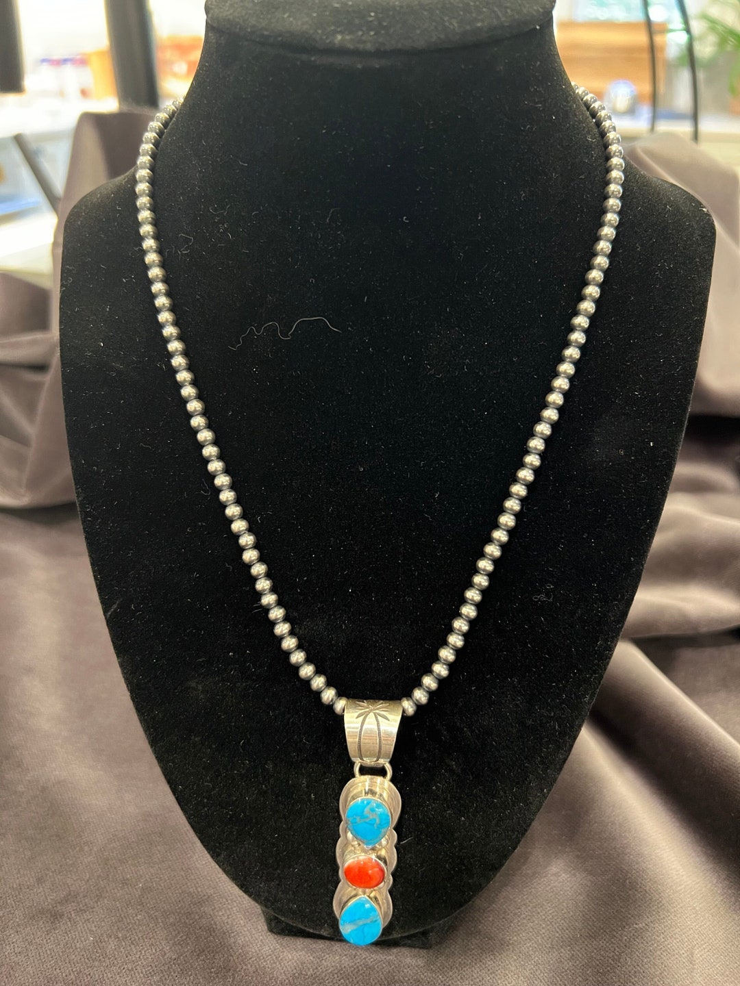 Pendentif Navajo Vintage En Argent Sterling Et Turquoise - 40x33mm, Occasion