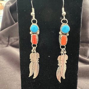 Native America Navajo Sterling Silver Coral & Turquoise Feather Earrings by R.