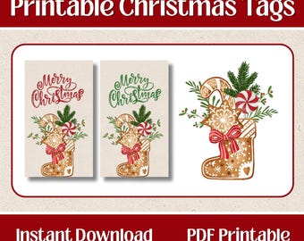 Vrolijk kerstfeest peperkoekkous Cadeaukaartjes | Afdrukbare vakantielabels | Rood Groen | Direct downloaden