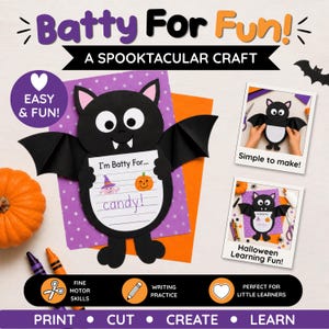 Puede incluir: Un kit de manualidades de papel con un murciélago negro de grandes ojos blancos, orejas rosas y colmillos. El murciélago sostiene un papel blanco con el texto 'I'm Batty For...' y 'candy!' junto a ilustraciones de una bruja y una calabaza.