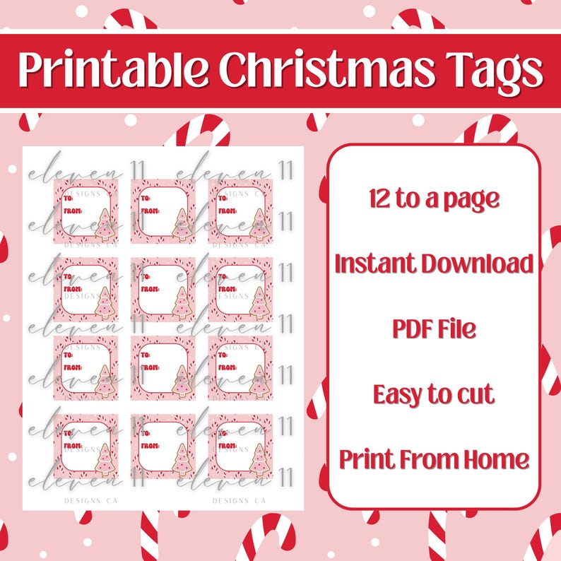 Printable Pink Christmas Gift Tags | Candy Cane Tag | Holiday Wrapping ...