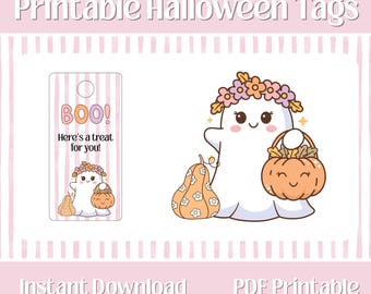 Kawaii Halloween Gift Tags | Pink Ghost Treat Bag Tags (PDF Printable)