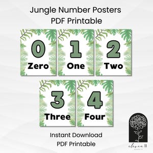 May include: Five rectangular posters featuring the numbers zero through four in sage green with black outlines. Each poster displays the corresponding number word in black text and is decorated with green tropical monstera and palm leaves.