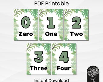 Jungle Number Posters | Watercolor Leaves, Numbers 0-20 (PDF Printable)