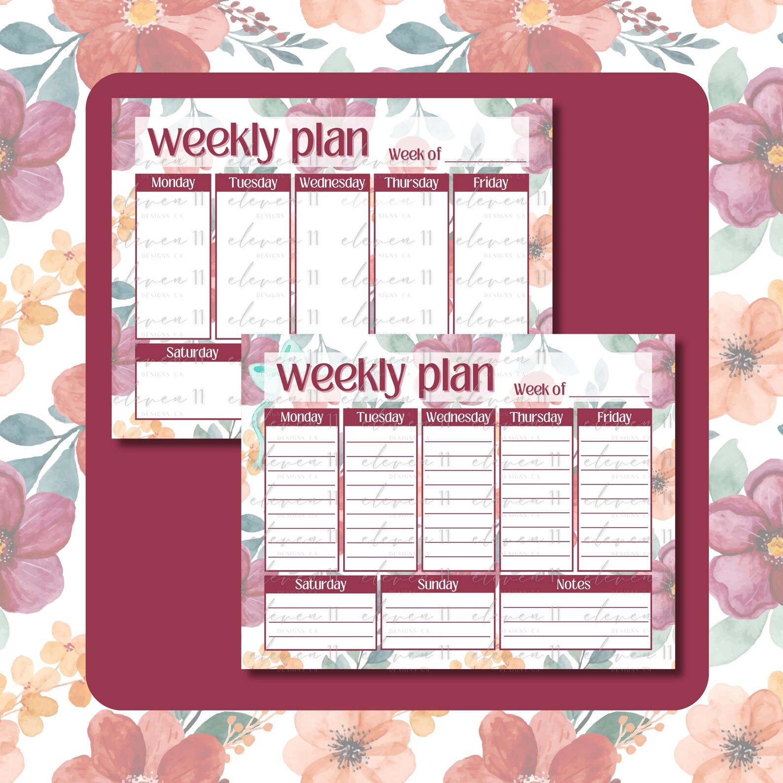 Floral Weekly Planner Printable | Burgundy Blush Watercolor (PDF) - Etsy
