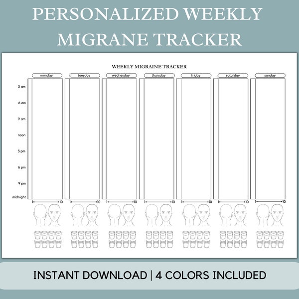 Printable Migraine Tracker, Weekly and Daily Headache Log - Trigger Water Severity Pain Journal, Tool to track headaches