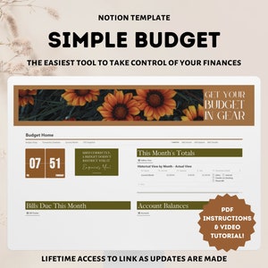 Notion Budget Template | Simple Tool to Track Income Expenses and Account Balances | Aesthetic Notion Dashboard | Bill Tracker
