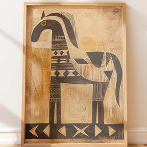 Vintage-inspired horse artwork poster for bohemian homes — bold geometric accents on distressed aged-paper texture.