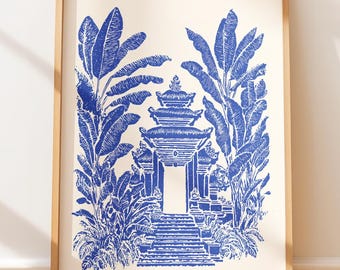 Impression d'art du temple de Bali, illustration tropicale bleue