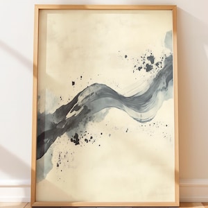 Minimalist abstract printable art for bedroom — calming gray and black tones with soft washes create an elegant and serene atmosphere.