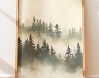 Moody Evergreen Forest Print - Minimalist Wall Art, Serene Scandi Nature Landscape