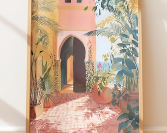 Moroccan Courtyard Illustration – Warm Rustic Travel Art Print
