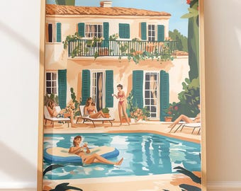 Vintage Mediterranean Villa Print - Retro Summer Wall Art, Coastal Poolside Scene, Cheerful Travel Poster