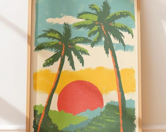 Retro Palm Tree Sunset Print – Minimalist Tropical Wall Art