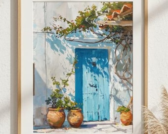 Peut inclure: Une peinture à l'aquarelle encadrée représente une porte bleue patinée dans un mur en stuc blanc, ornée de plantes grimpantes. Des pots en terre cuite avec des plantes encadrent la porte. Un banc en bois avec des plantes en pot et un vase avec de l'herbe de la pampa séchée complètent la scène.