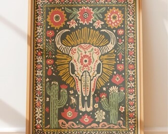Folk Art Print Southwestern Skull: Bold Desert Flora Design, Rustic Boho Style | Linocut Art, Nature Inspired | Wall Decor