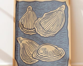 Plakat vintage z ostrygami – sztuka ścienna w stylu retro, wystrój nadmorski, ilustracja w stylu vintage, sztuka w stylu rodzimym, sztuka ludowa, druk linorytniczy w stylu retro