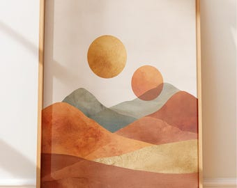 Boho Desert Serenity Art Print: Rustic Folk Landscape with Double Suns, Warm Pastel Colors (Earthy Vibes, Calm Nature)