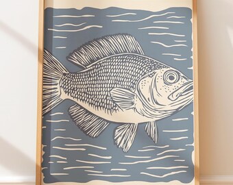Plakat ścienny w stylu retro z okoniem morskim – ilustracja w stylu vintage linoryt, rustykalny druk blokowy, wystrój ludowy w stylu nadmorskim, plakat w stylu zachodnio-marynistycznym