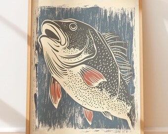 Rycina retro z rybą graper – linoryt w stylu marynistycznym, plakat w stylu ludowym, sztuka w stylu rdzennych mieszkańców, rustykalna ilustracja w stylu nadmorskim i zachodnim