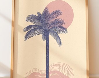 Palm Tree Wall Art, Line Art Print, Tropical Decor, Modern Art, Sunset Illustration, Beach Home Decor, Coastal Art Print