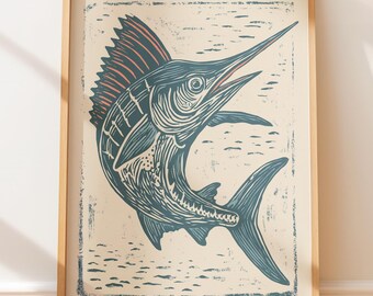 Sztuka linorytu w stylu vintage z marlinami – sztuka ścienna w stylu retro, ilustracja w stylu vintage z motywem nadmorskim, sztuka w stylu rodzimym, rustykalny druk w stylu folk