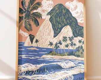 Póster vintage de las montañas de la isla hawaiana, grabado retro en linóleo sobre lienzo de estilo folk.