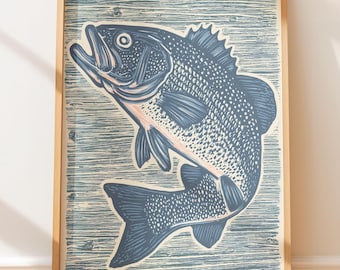 Vintage Sea Bass Illustration - Native Style Folk Art, Retro Lino Block Print, Nautical Western Travel, Rustic Coastal Wall Art