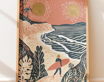 Poster vintage con surfista, percorso costiero, viaggio, stampa su linoleum retrò.