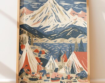 Plakat w stylu vintage, retro, górski kemping, podróż, sztuka, ludowy blok, druk, przygoda