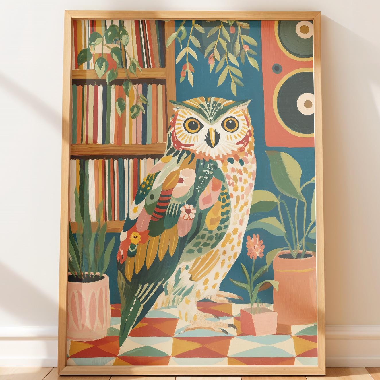 Retro Owl Art Print, Mid Century Owl Wall Art, Vinyl Records Music Room Decor, Colorful Geometric