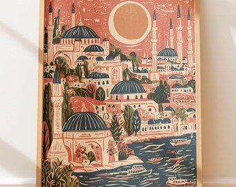 Póster vintage del horizonte de Estambul, arte retro de impresión en bloque para viajes, ilustración de arquitectura popular.