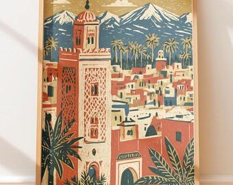 Marokański Minaret Medina w stylu vintage, sztuka ścienna w stylu retro z górami Atlas, ilustracja podróżnicza w stylu ludowym