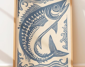 Grabado en linóleo de una caballa en movimiento - Arte mural retro, ilustración náutica vintage, arte de estilo nativo, arte popular, póster de viaje marítimo