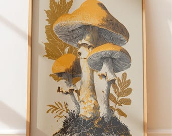 Vintage Death Cap Pilz Druck, Giftige Pflanze Kunst, Linolschnitt botanische Gravur